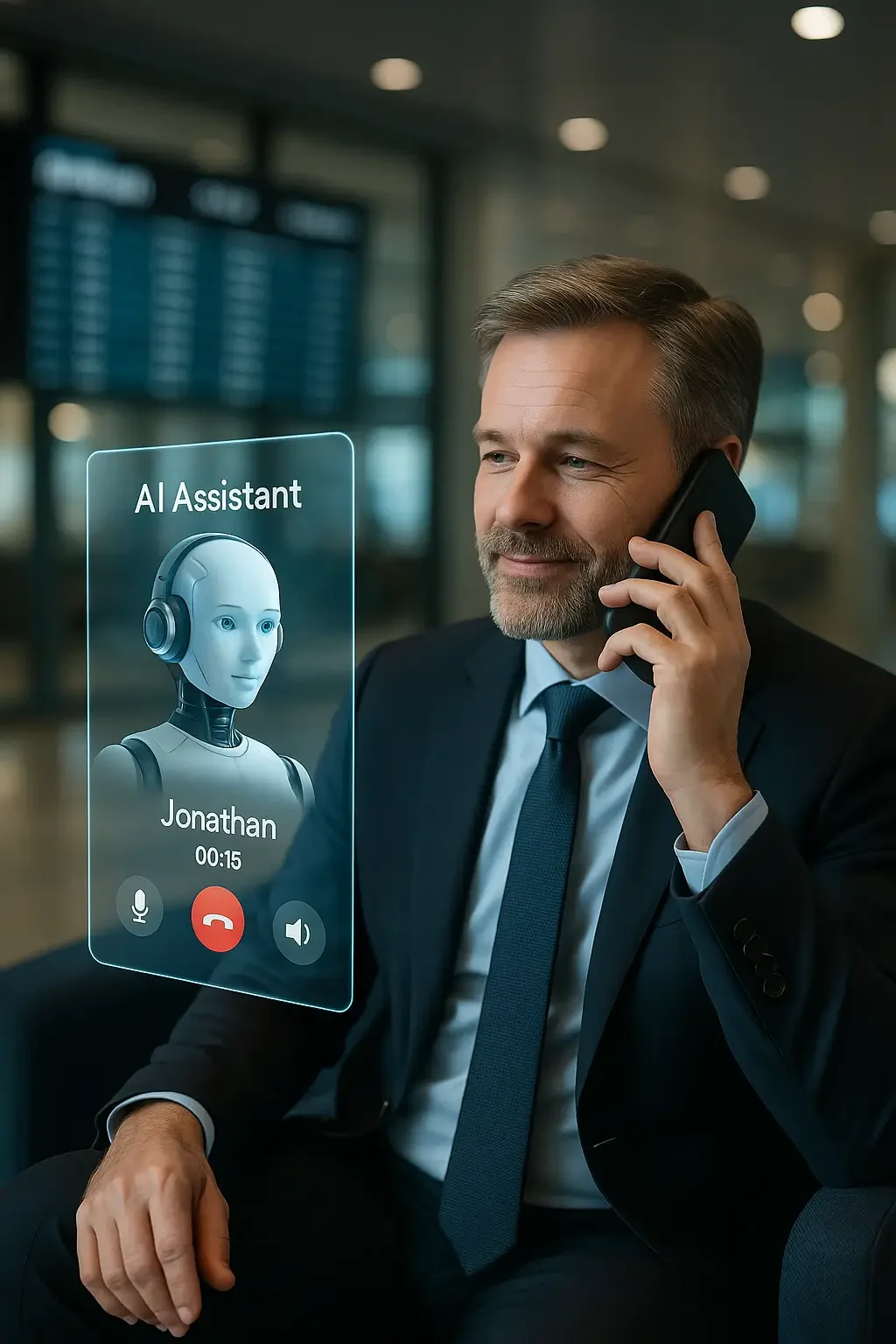 Ejecutivo en un aeropuerto siendo atendido por un asistente virtual de llamadas con IA